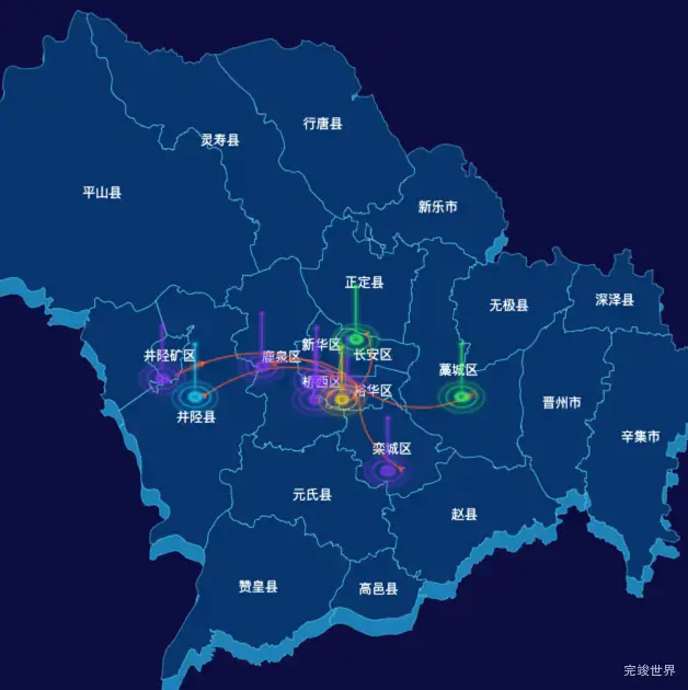 echarts石家庄市地区地图geoJson数据-飞线图